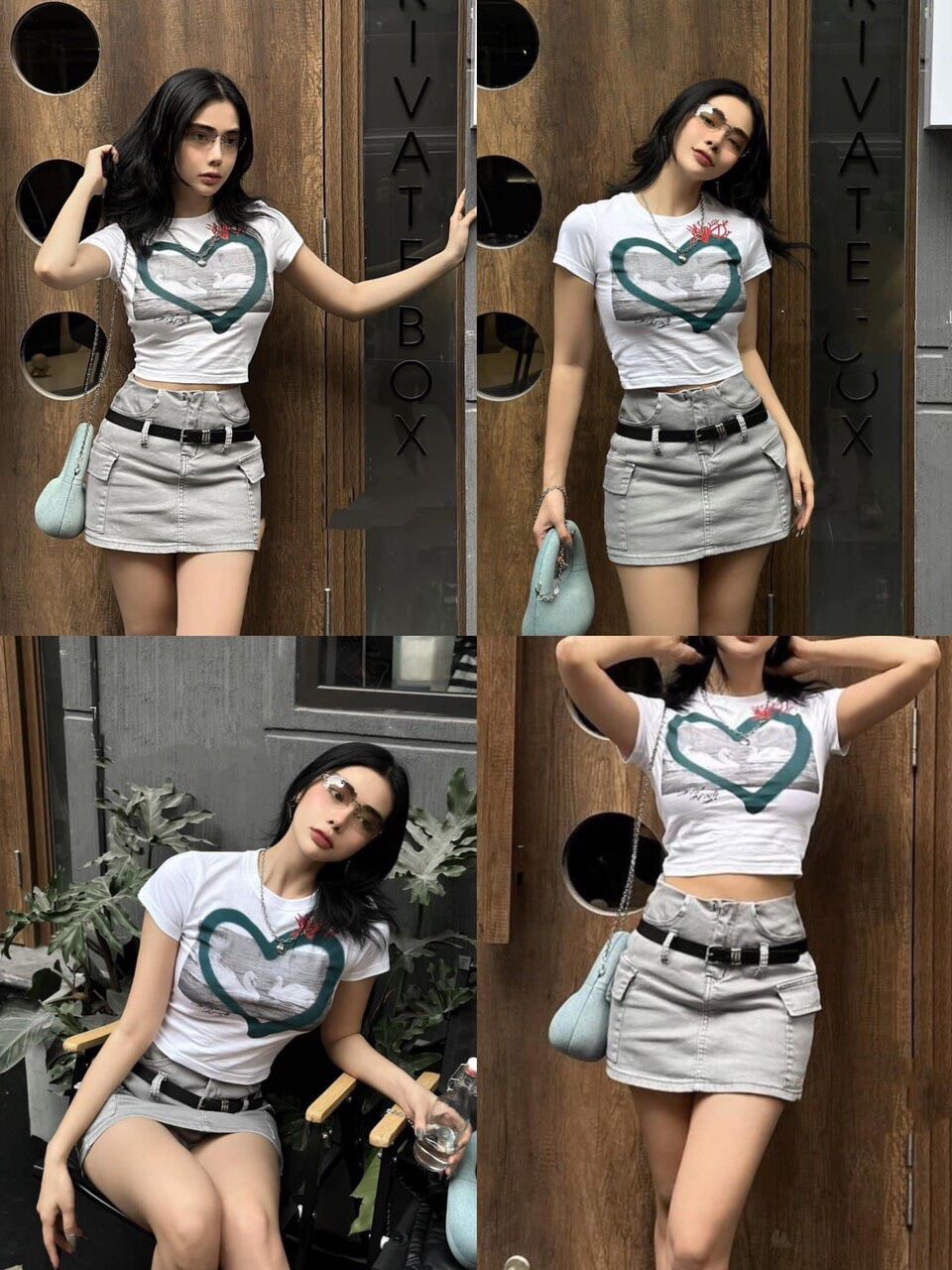 Áo croptop ôm tay ngắn trái tim xanh BG