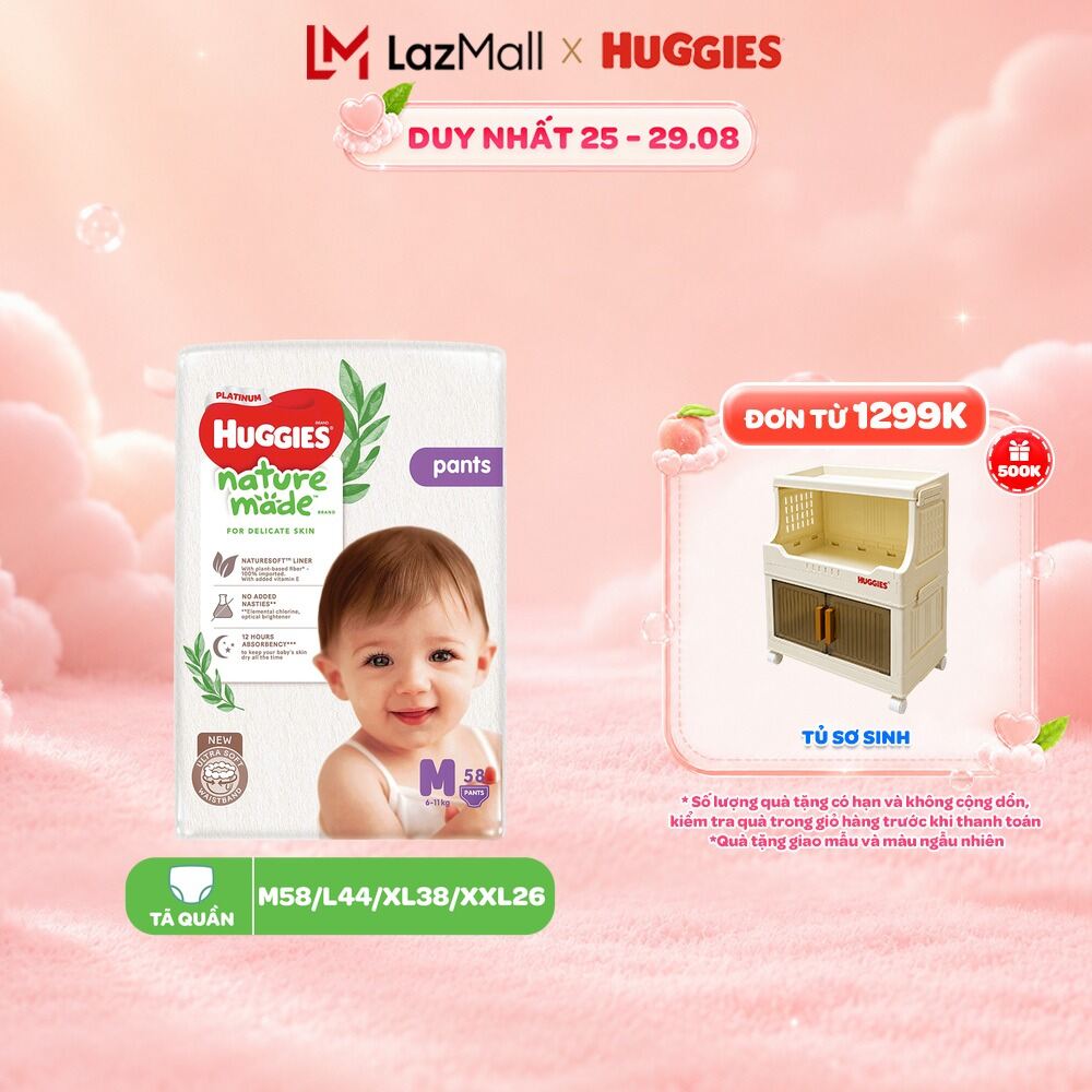 Tã/Bỉm quần Huggies NatureMade Platinum M58/ L44/ XL38/ XXL26/ XXXL28