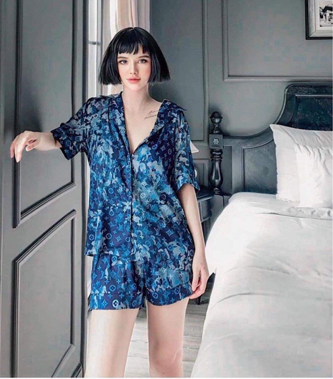 Pijama cộc đùi xanh than McQ lụa cao cấp quảng châu