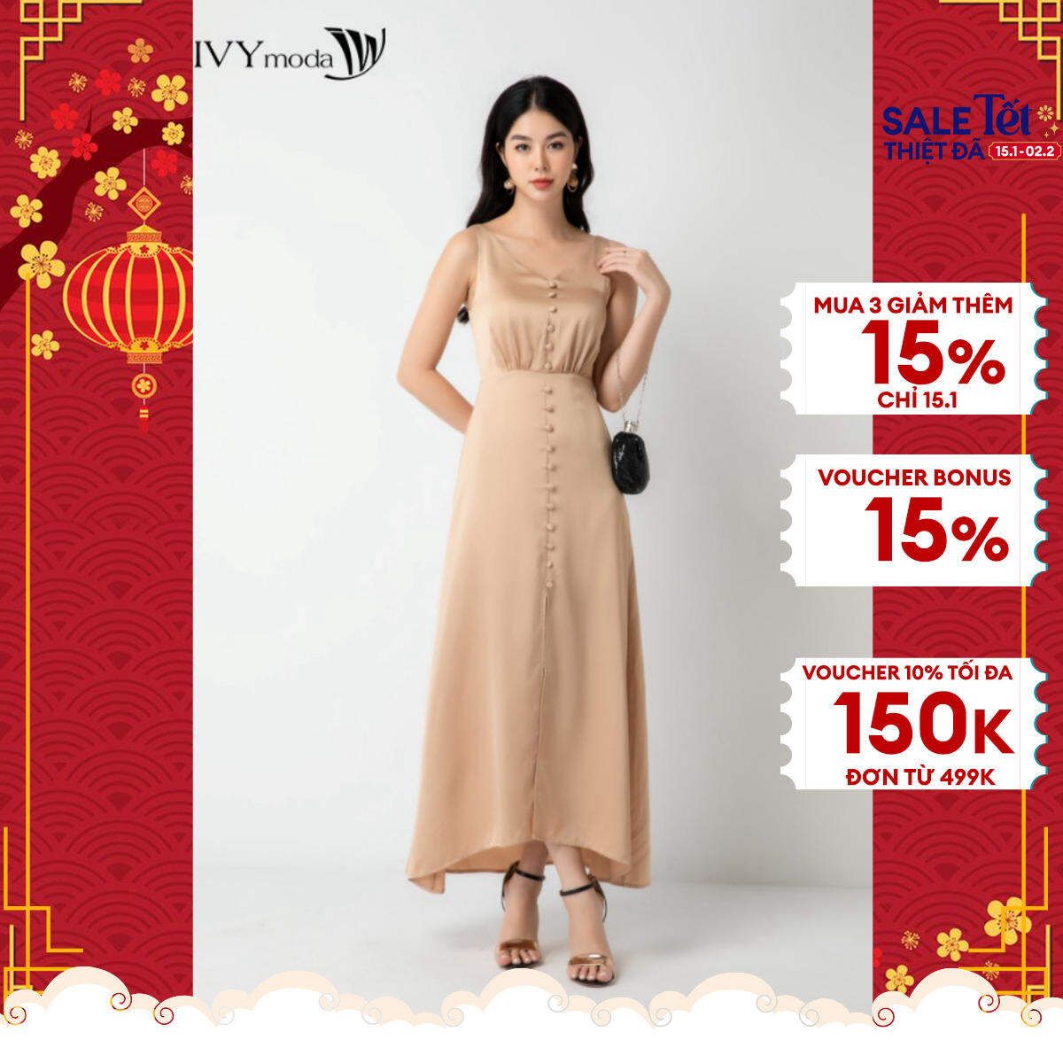 Đầm lụa cổ tim ivy moda ms 41m6679