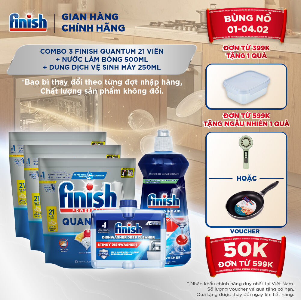 Combo Nâng Cao: 3 X Túi 21 Viên Nước Rửa Bát Powerball Quantum + Nước Làm Bóng Rinse & Shine Aid + D