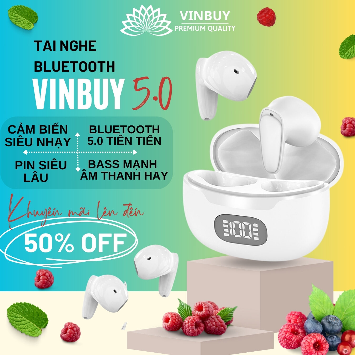 Tai Nghe Bluetooth Không Dây VinBuy Nhét Tai Chống Ồn Cao Cấp V5.0 Chính Hãng Dùng Cho Iphone Samsung OPPO VIVO HUAWEI XIAOMI - Hàng Chính Hãng