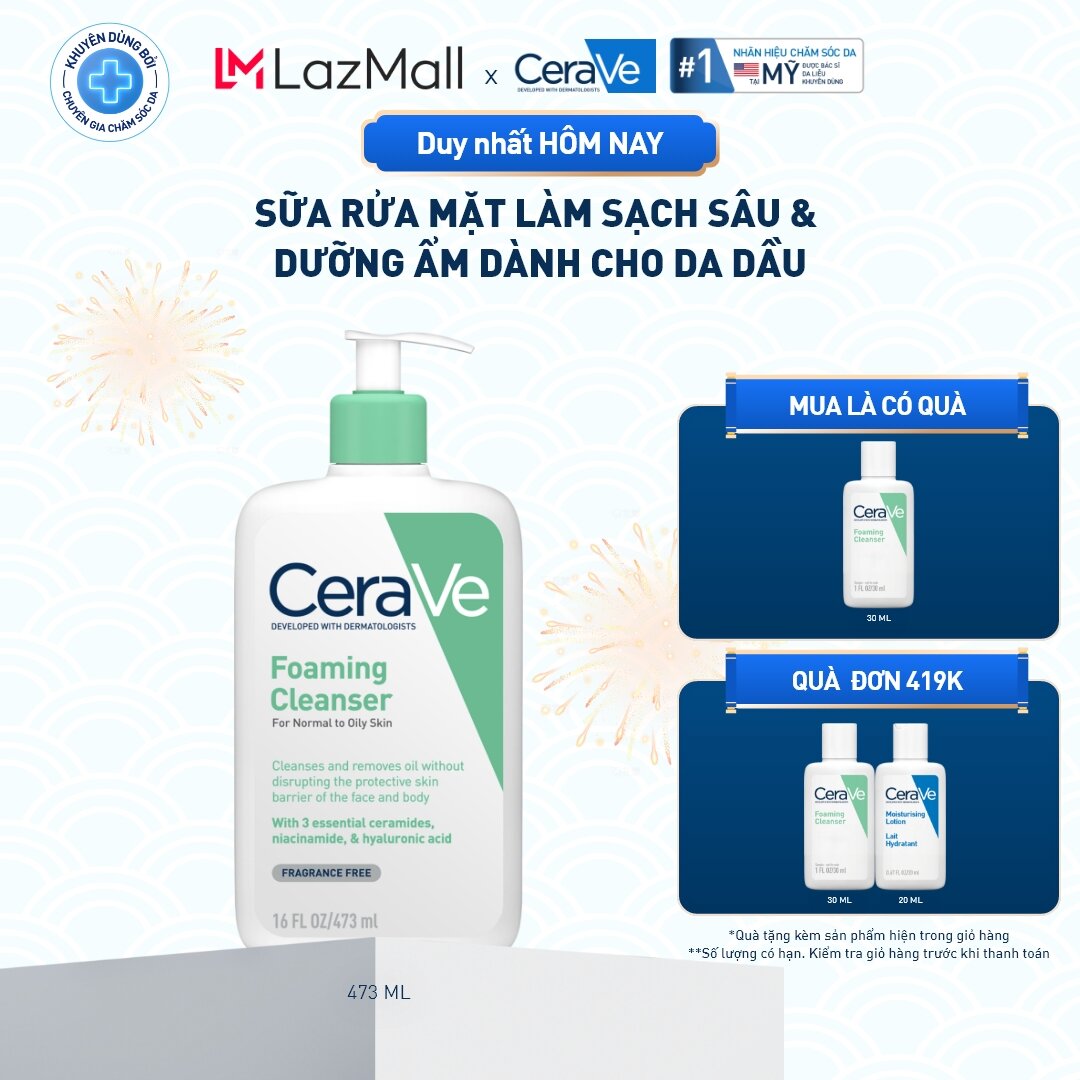  Sữa rửa mặt foaming giúp làm sạch sâu và dưỡng ẩm dịu nhẹ dành cho da dầu - CeraVe Foaming Facial Cleanser 473ML 