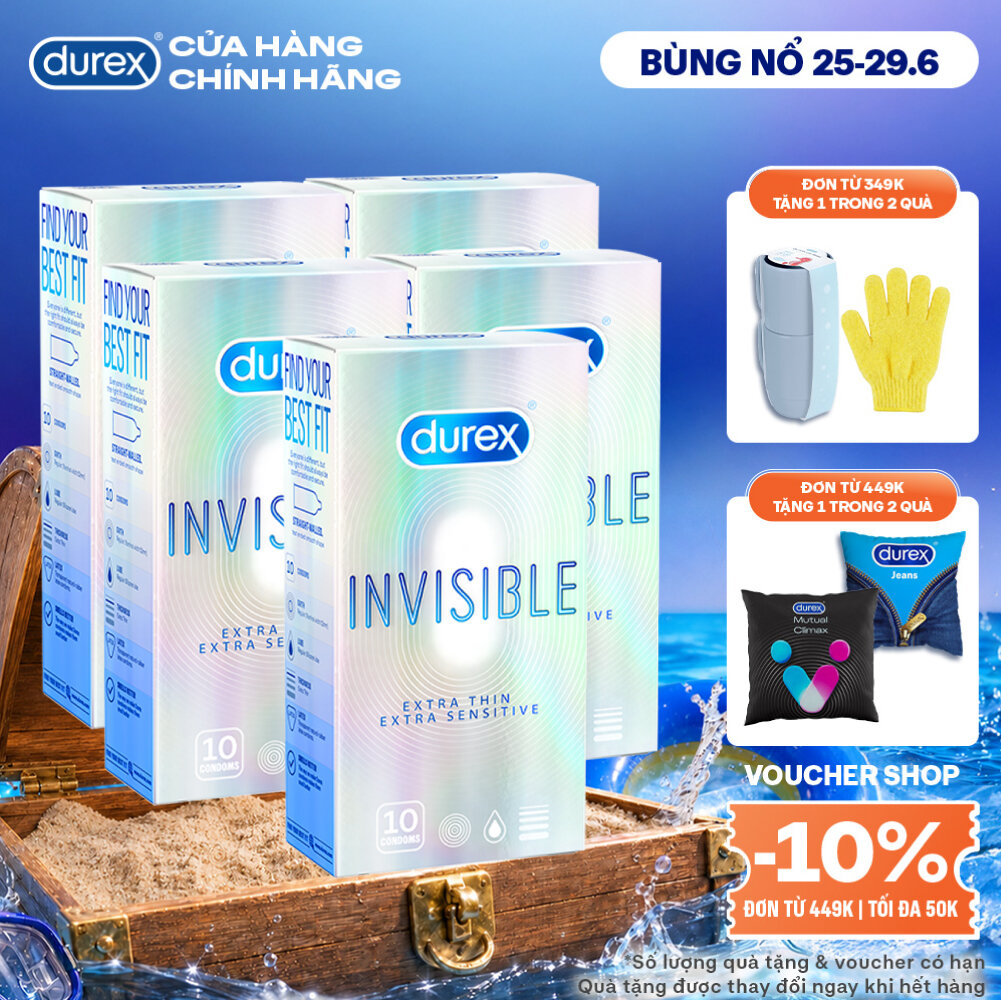 Bộ 5 hộp bao cao su Durex Invisible siêu mỏng, size 52mm, hộp 10 bao