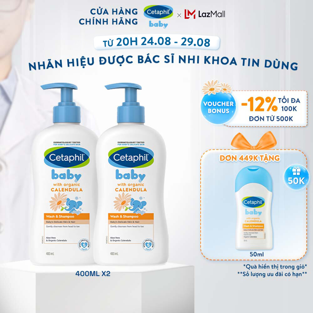 Combo 2 Sữa tắm gội dịu lành cho bé Cetaphil Baby Wash & Shampoo with Organic Calendula 400ml/chai