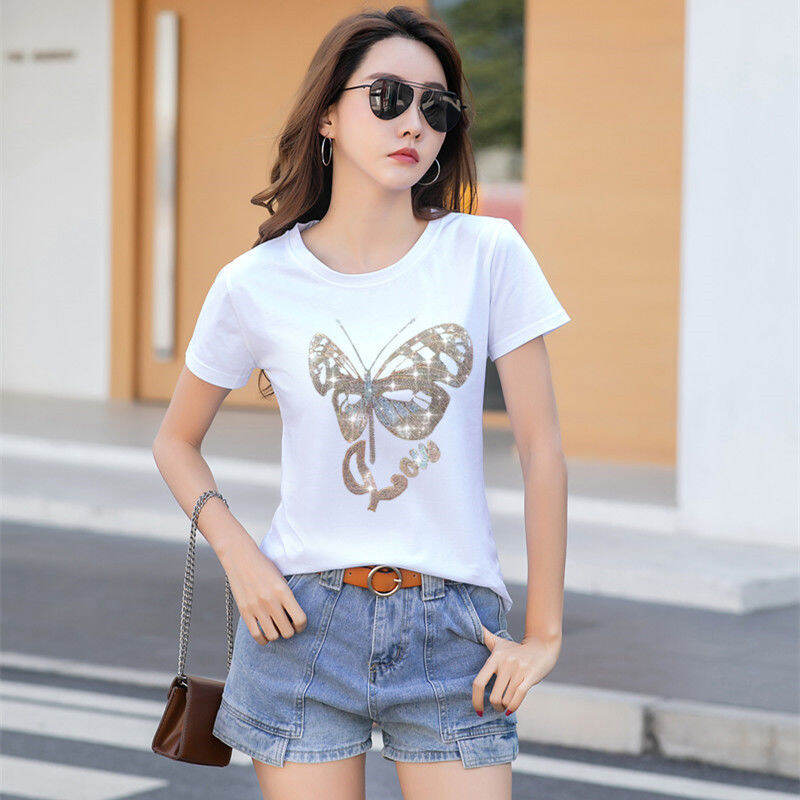 Áo Thun Ngắn Tay Cotton Trang Phục Nữ Cỡ Lớn Đính Đá Mùa Hè Phong Cách Hàn Quốc Cho Nữ Áo Mặc Trong Tôn Dáng Cổ Tròn Áo Dễ Phối Tay Lỡ