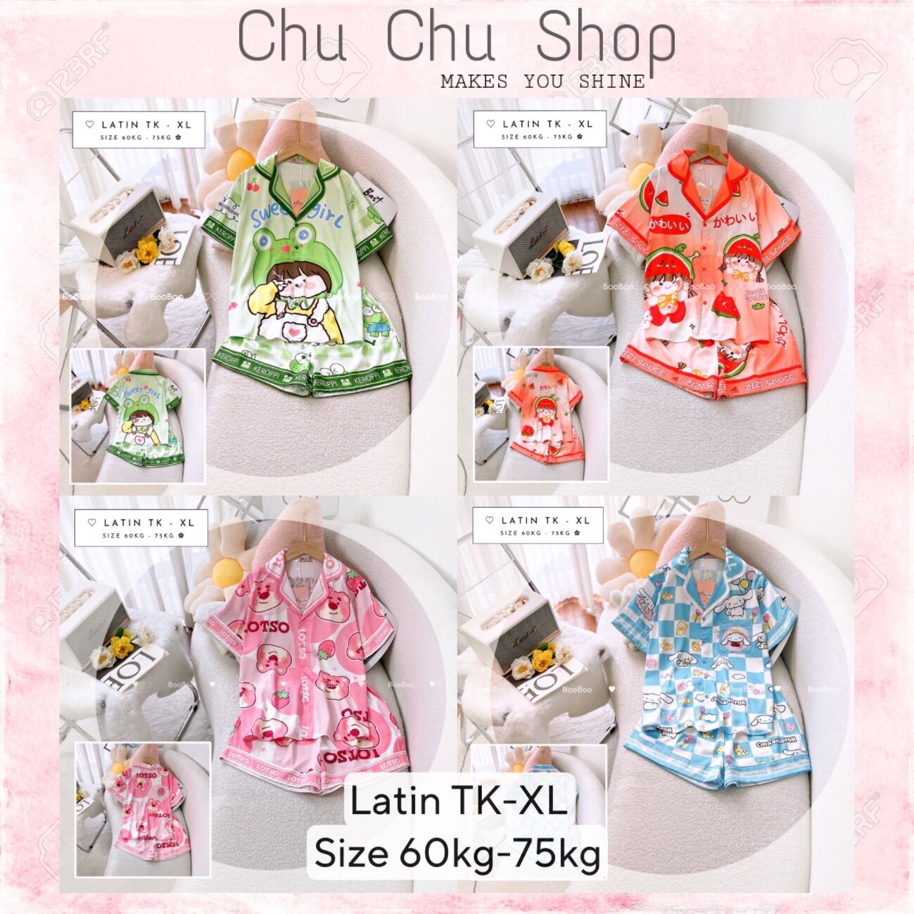 Bigsize đồ bộ mặc nhà đồ ngủ pijmas boo lụa latin form đùi size xl 60-75kg