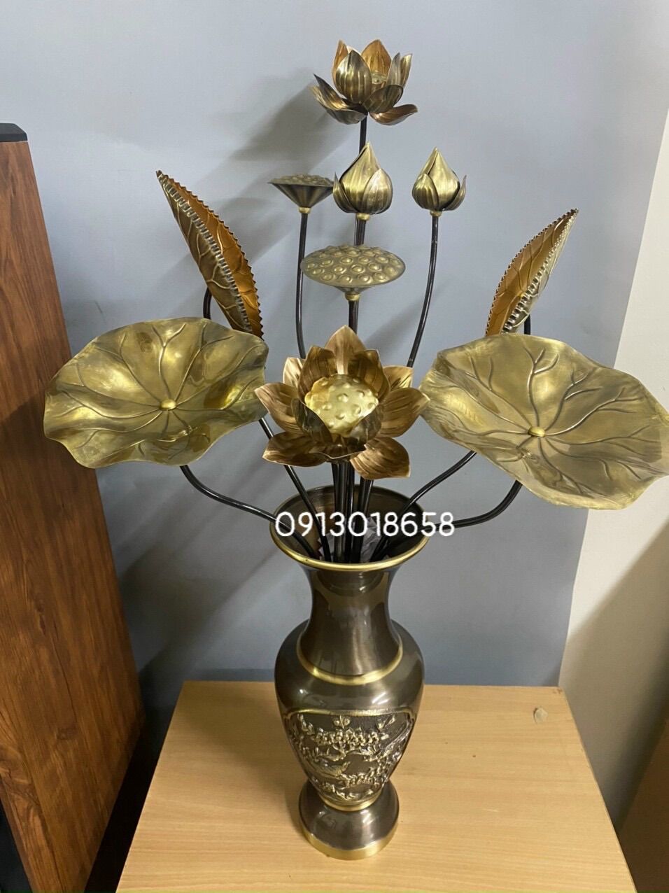 Hoa sen đồng thờ màu cổ 10 bông, bó sen bằng đồng cao 70cm, .