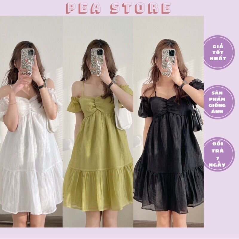 Váy 2 dây trễ vai gân rúm ngực dáng xoè kèm mút Pea Store