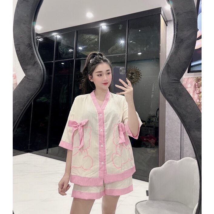Sét bộ đùi  Pyjama nơ cổ Y phối viền.