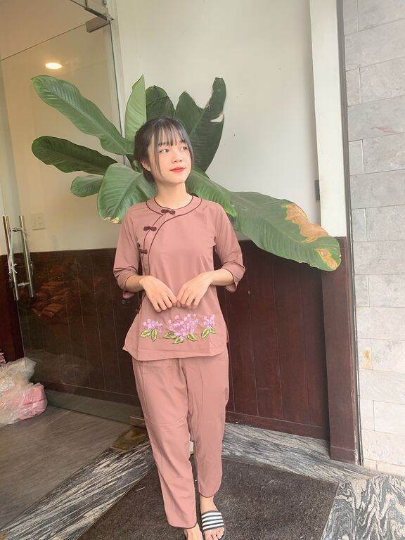 Bộ nữ đi chùa vải kate viền đôi
