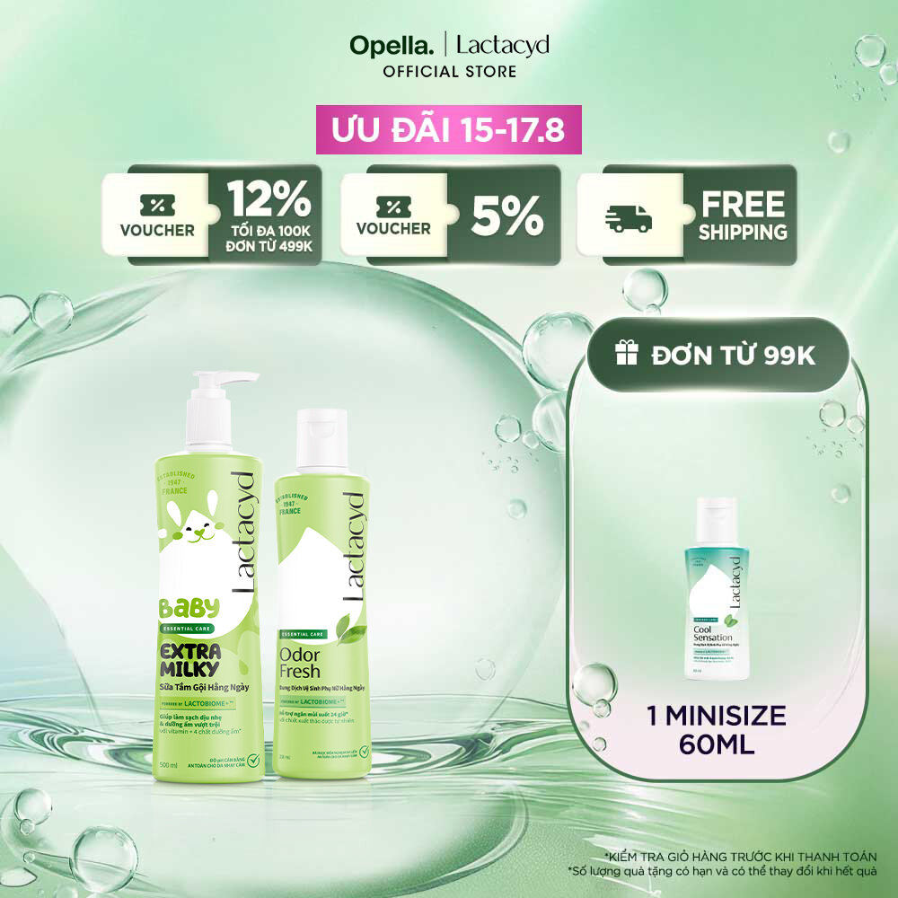 Bộ Dung Dịch Vệ Sinh Phụ Nữ Lactacyd Odor Fresh Ngăn Mùi 24H 250ml + Sữa Tắm Gội Trẻ em Lactacyd Baby Extra Milky 500ml