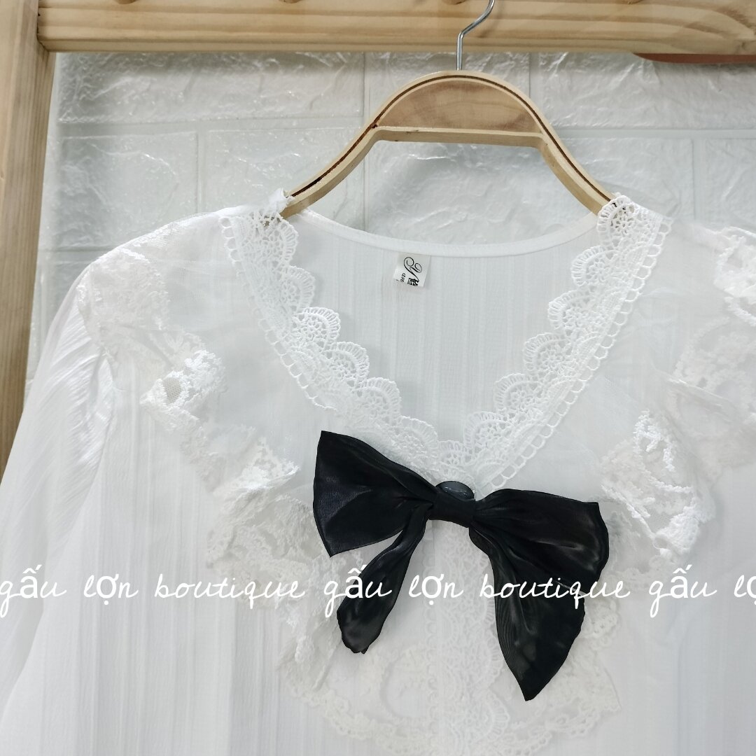 áo kiểu nữ cổ v phối ren nơ đen hàn quốc