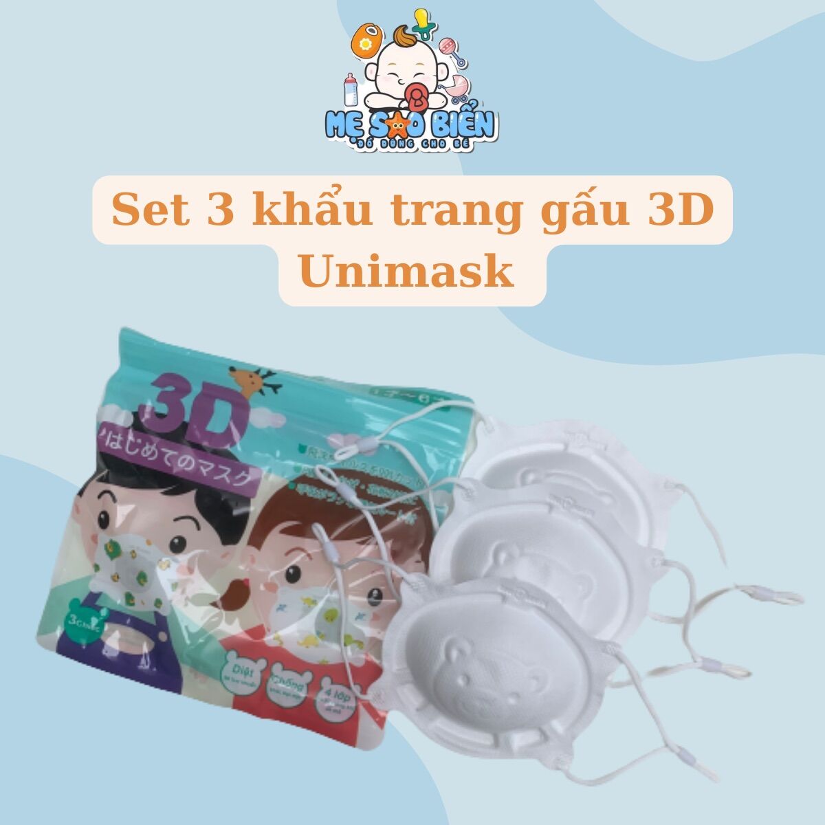 Set 3 khẩu trang gấu cho bé 0-3 tuổi uni mask