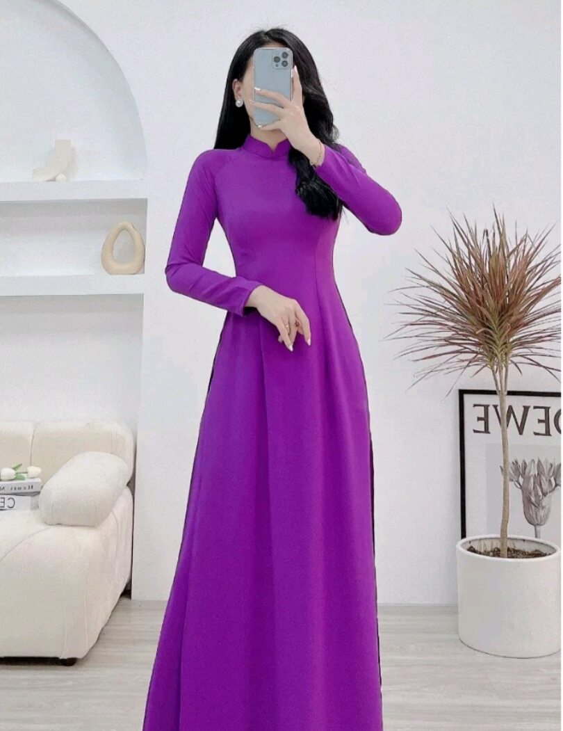 Bộ Quần, Áo Dài Tím trơn lụa mỹ cao cấp tay lỡ