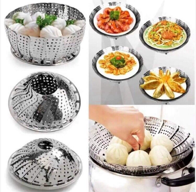 Xửng hấp vỉ hấp rổ hấp inox 3 chân gấp gọn 24cm