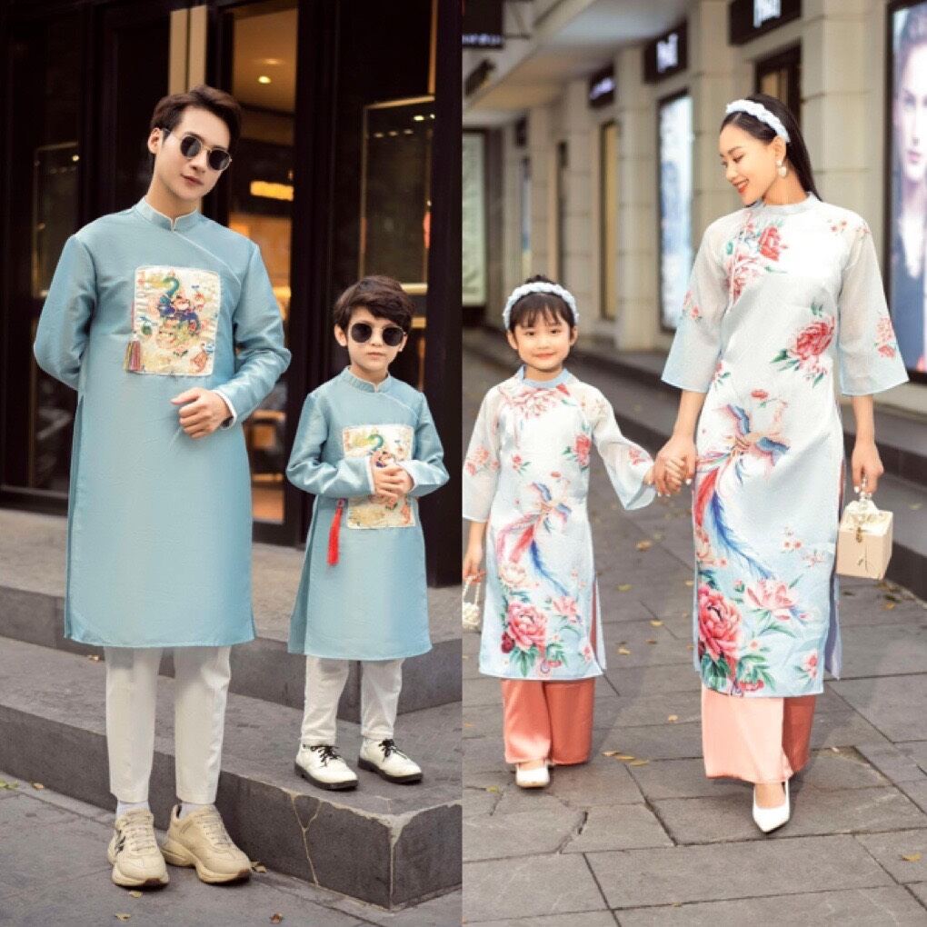 Áo dài gia đình dài tay cổ v cao cấp - a14