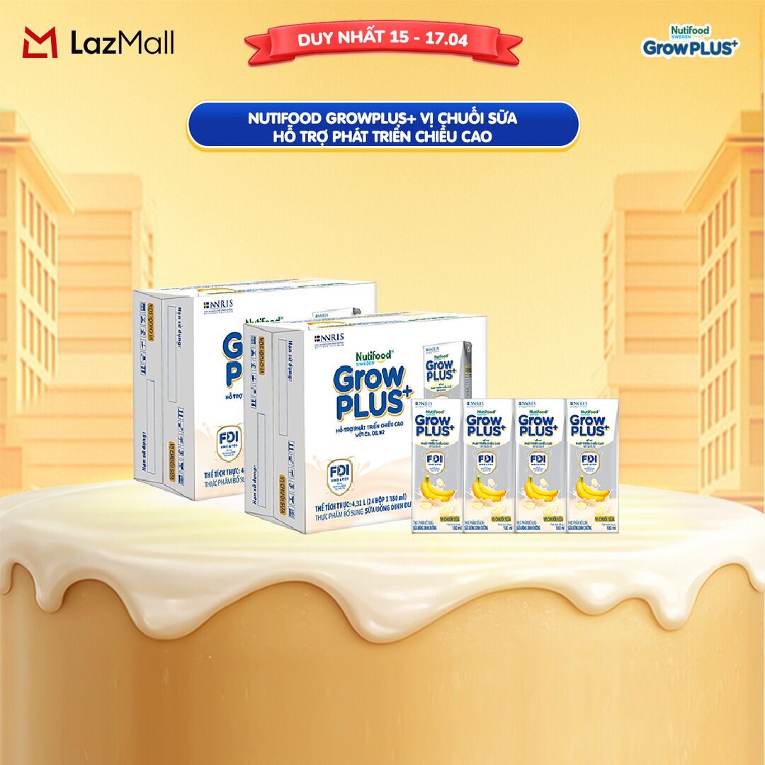 Combo 2 Thùng 24 hộp Sữa nước pha sẵn Nutifood Sweden GrowPLUS+ Vị Chuối Sữa hộp 180ml - Hỗ trợ phát triển chiều cao