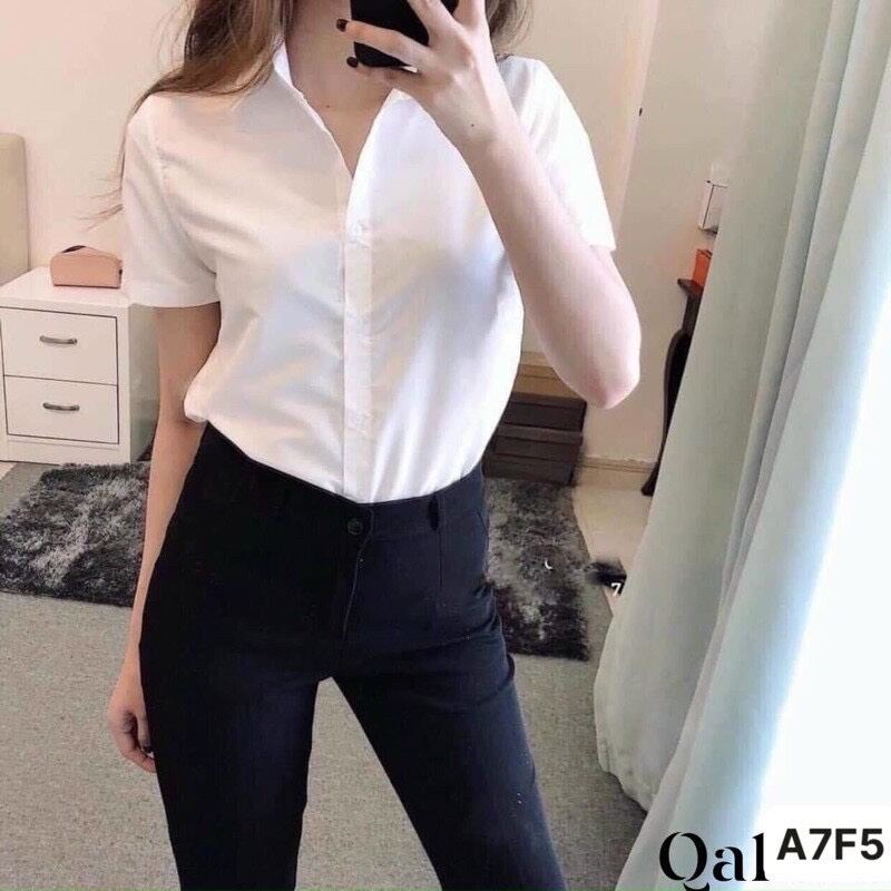 Áo sơ mi nữ Uniqlo trắng basic hàng đẹp cộc, dài tay