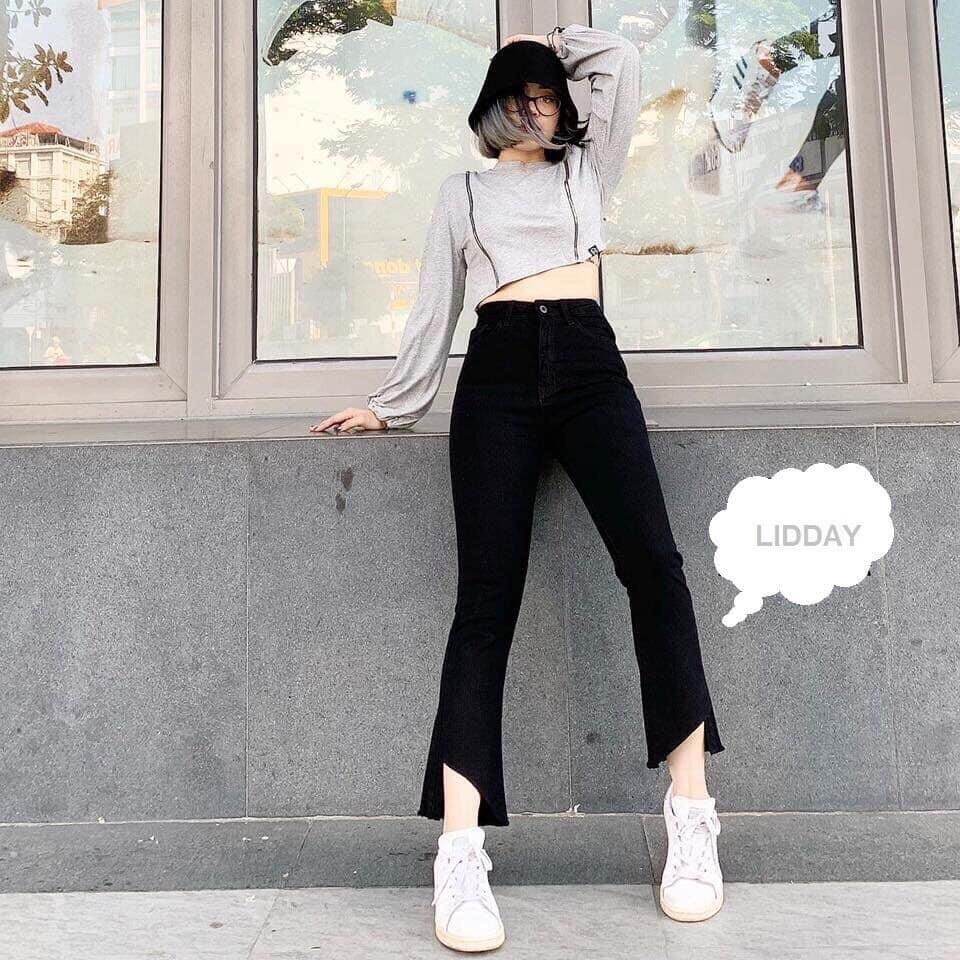 Quần jean ống loe xẻ gấu dáng dài