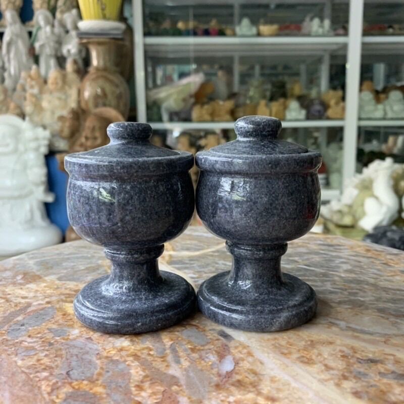 Cặp ly nước thờ đá cẩm thạch đen - cao 9.5cm