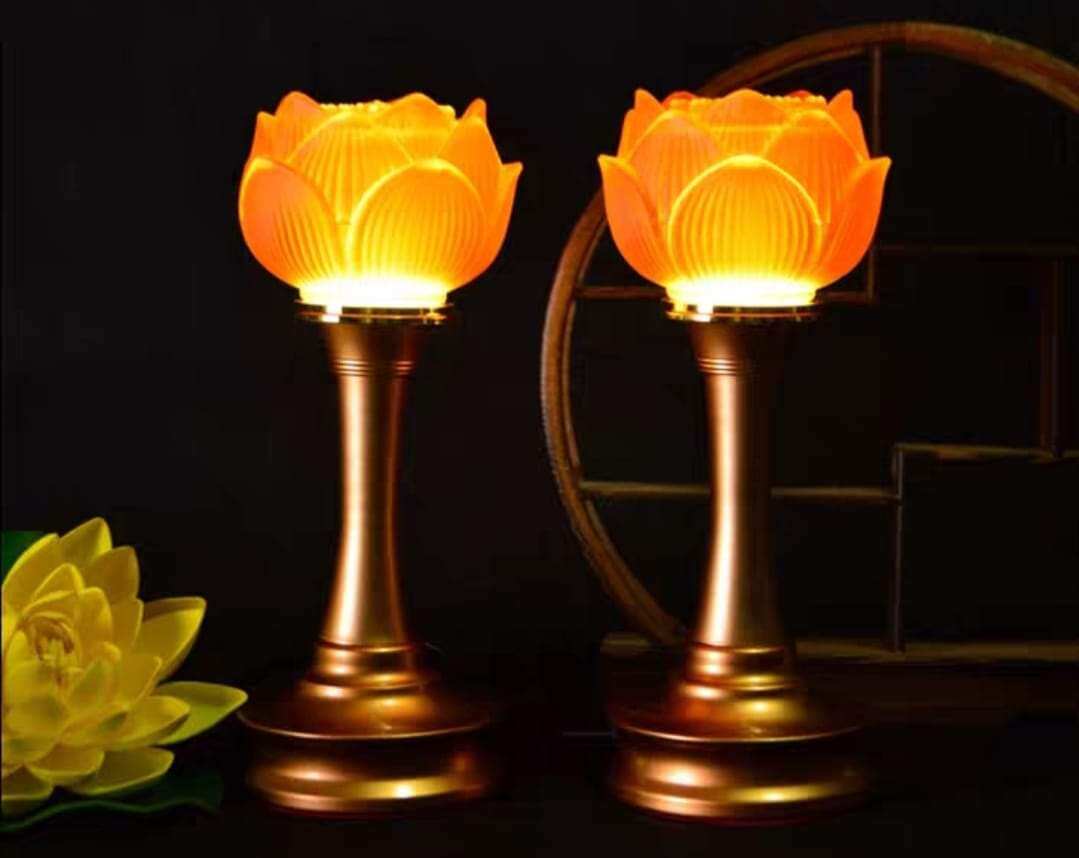Đôi đèn lưu ly hoa sen chân hợp kim đồng cao cấp 16cm