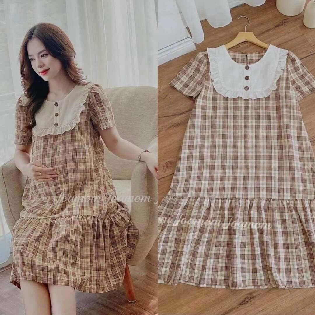 Đầm bầu caro phối ren sang trọng
