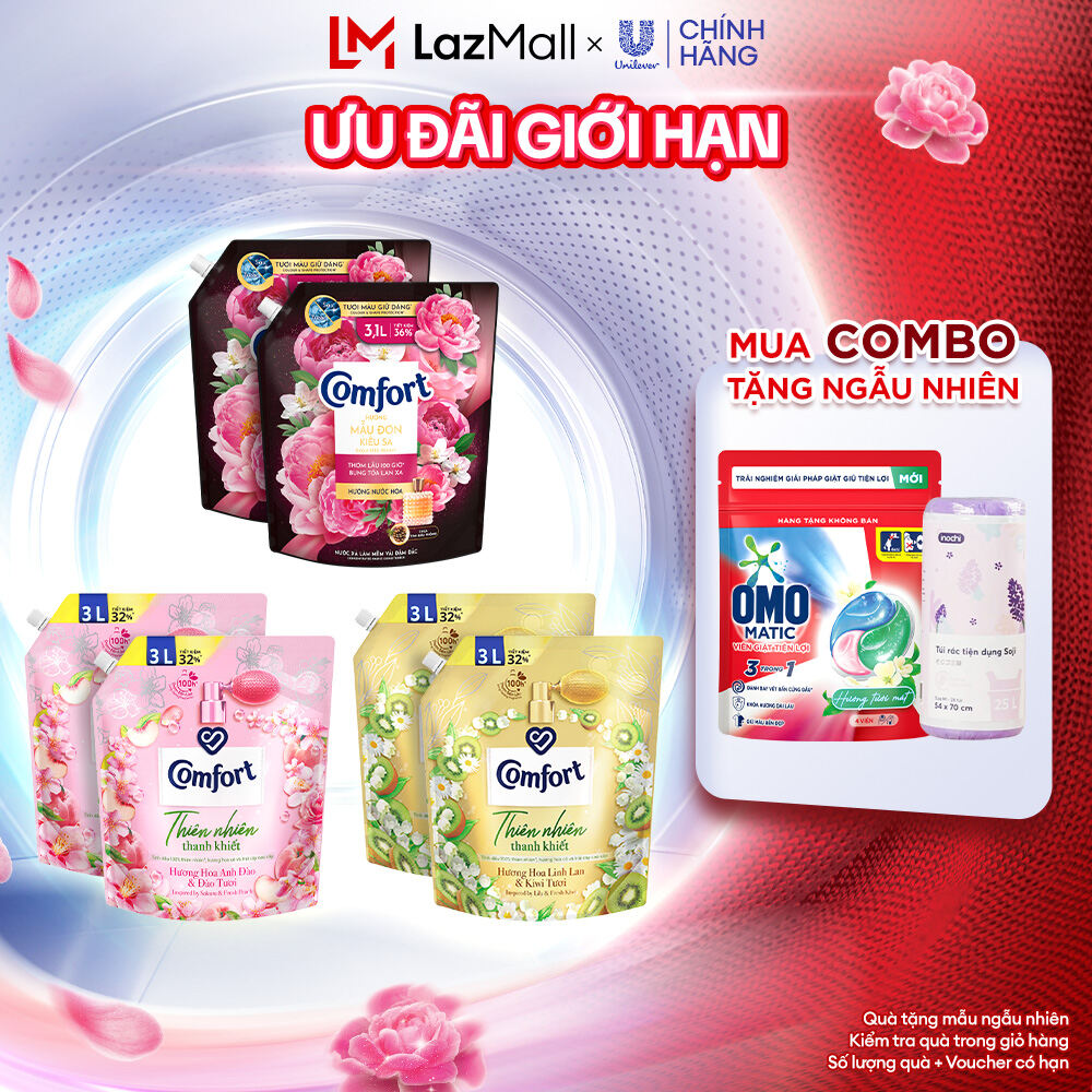 Combo 2 túi Nước Xả Vải Comfort Thiên Nhiên Thanh Khiết/ Mẫu Đơn Kiêu Sa 3.0L/3.1L x2