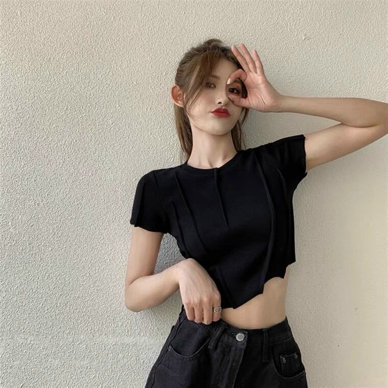 Áo thun croptop vạt xéo, áo croptop cổ tròn vạt xéo, áo thun croptop body cá tính