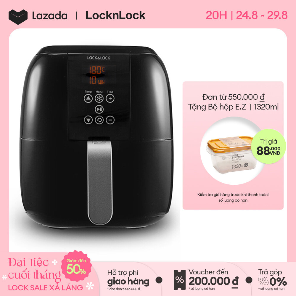 ECF-300B - Nồi chiên không dầu Lock&Lock 3L - 6 chế độ nấu cài sẵn, Có quai xách , Giảm 80% lượng mỡ tiêu thụ Hàng chính hãng - BH 2 năm