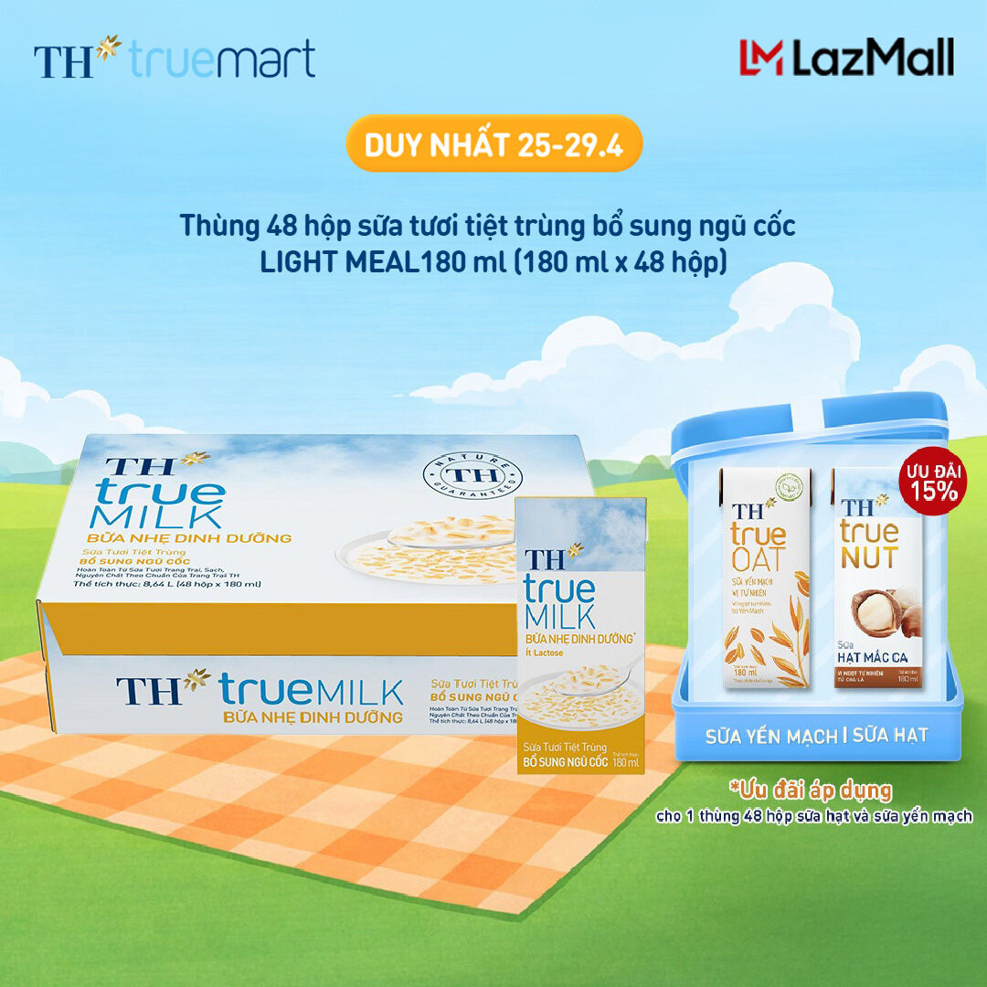 Thùng 48 hộp sữa tươi tiệt trùng bổ sung ngũ cốc TH true MILK LIGHT MEAL 180 ml (180 ml x 48)