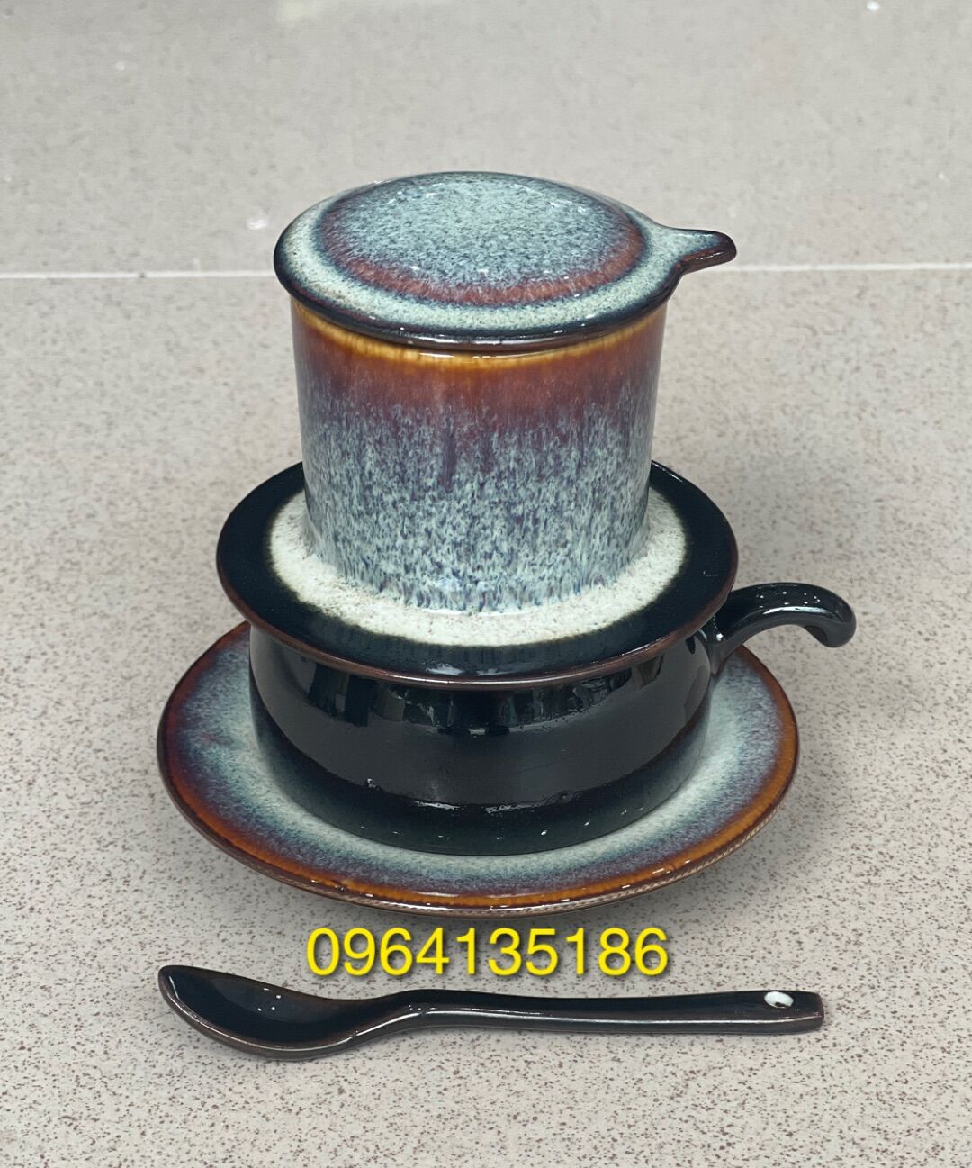 Bộ phin pha cà phê gốm sứ Bát Tràng men hoả biến trắng cao cấp