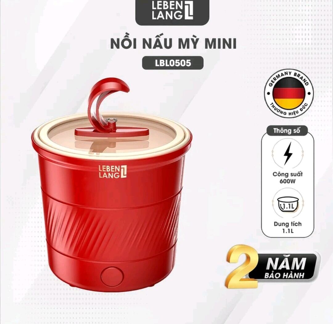 Nồi nấu mỳ mini Lebeng Lang LBL0505 màu đỏ, dung tích 1 lít, có nắp và tay cầm, thương hiệu Đức, bảo hành 2 năm.