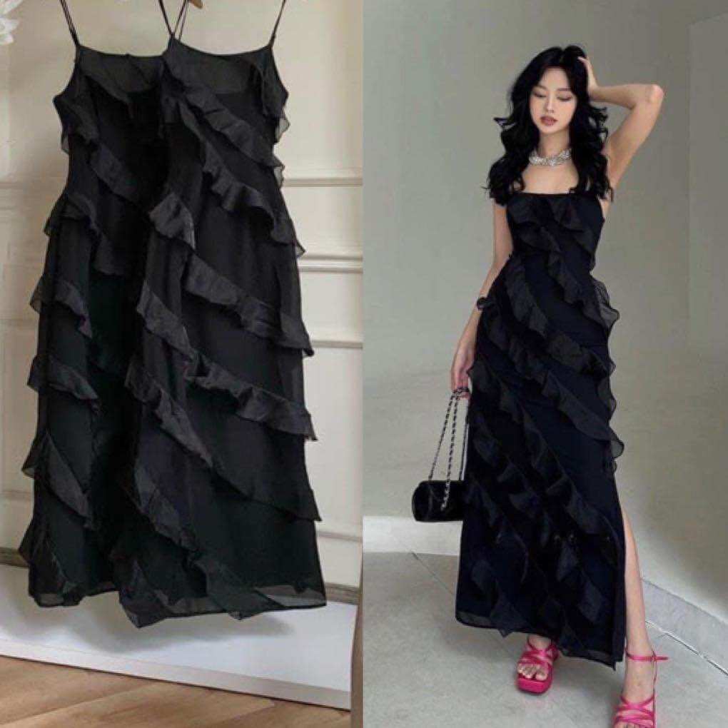 Đầm 2 dây phối bèo nữ tính, xẻ tà quyến rũ