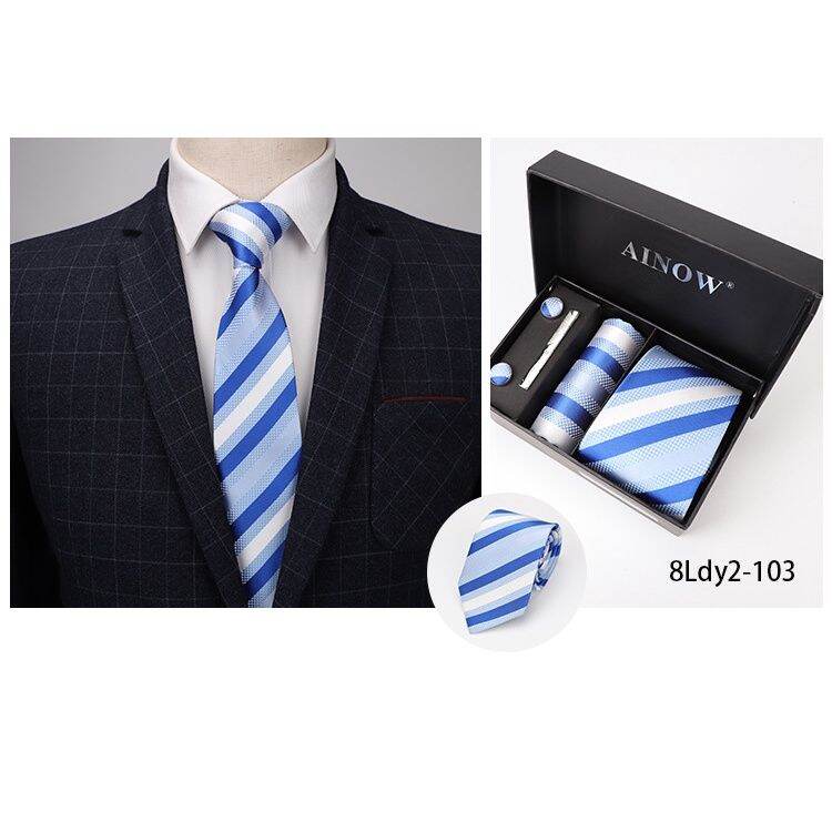 0Bộ cà vạt Nam bản to 4 món gồm cà vạt 8cm, Khăn cài túi vest, kẹp cà vạt, măng-set