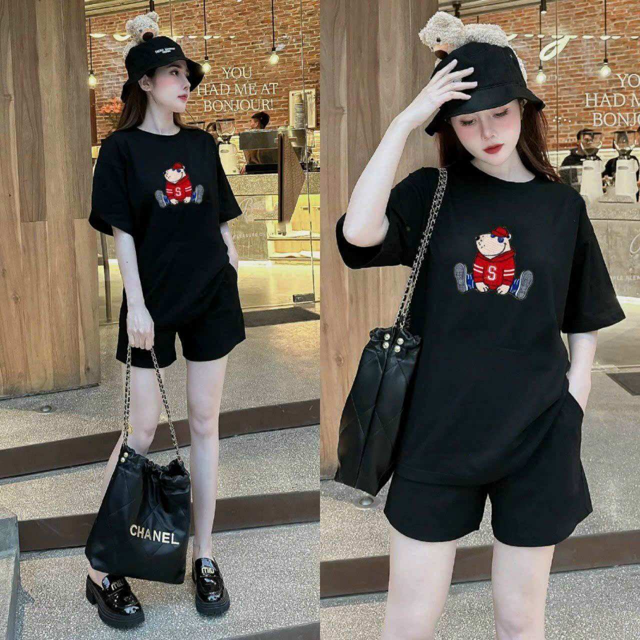 Bộ short thun cotton áo thêu gấu