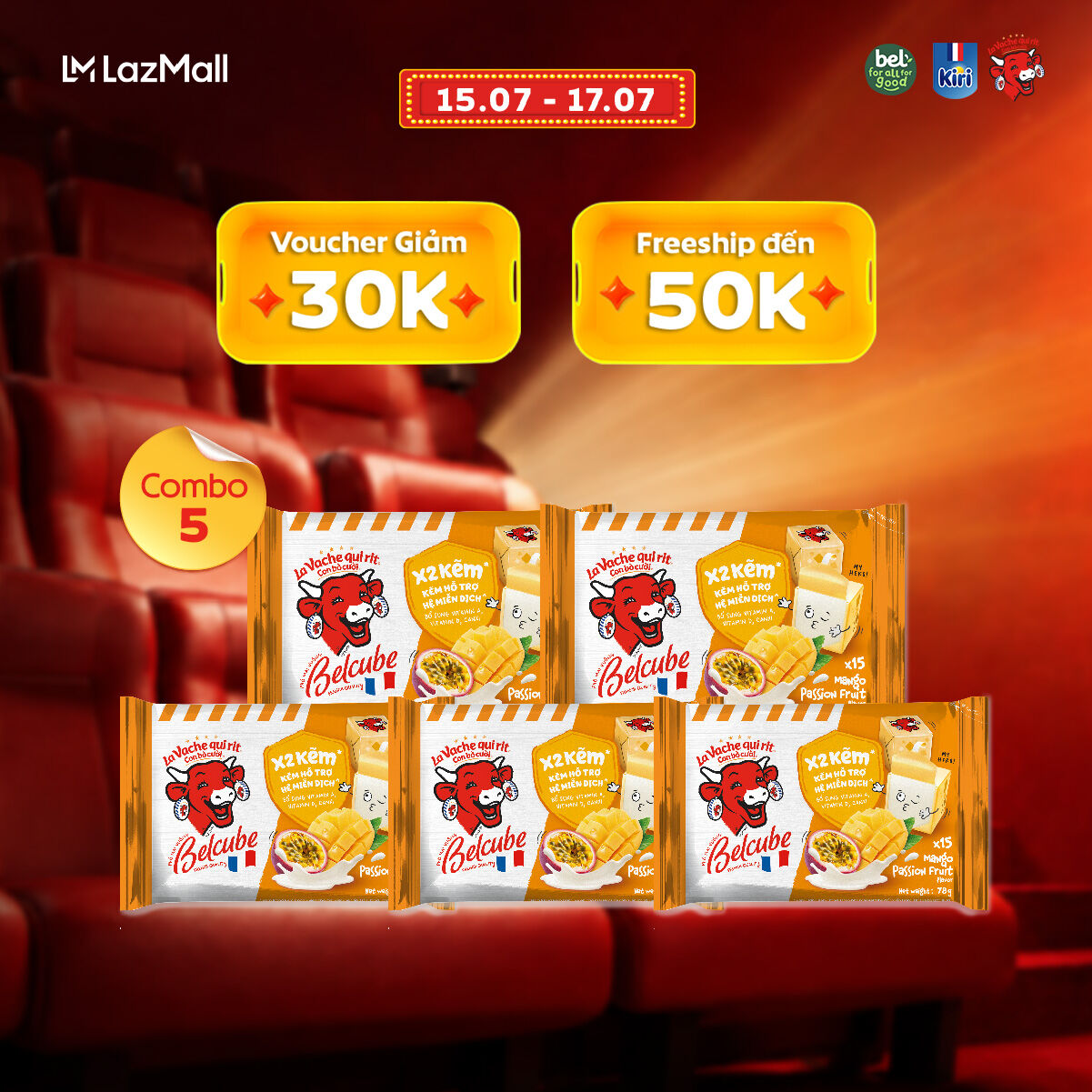 Combo 5 Phô mai vuông Belcube Xoài Chanh Dây 15C 78Gx15