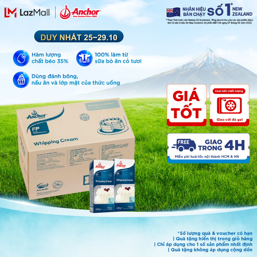 Thùng 12 Kem sữa tươi tiệt trùng Anchor Whipping cream hộp 1 lít