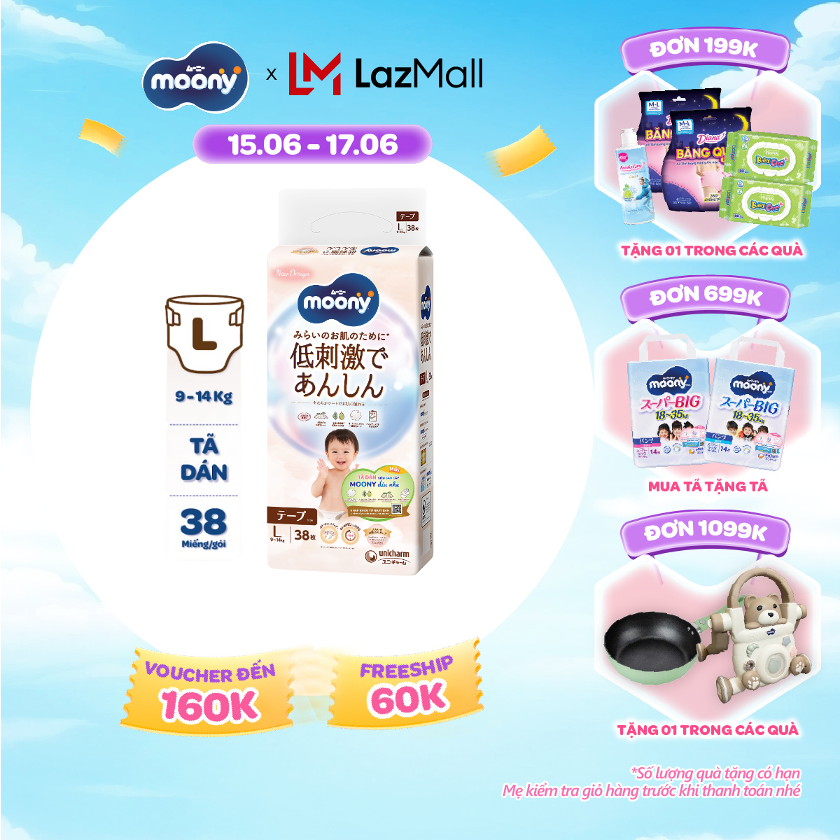 [SALE GIỮA THÁNG tặng QUÀ TO-SLCH] Tã dán Moony Dịu Nhẹ siêu cao cấp L38 miếng - Nhập khẩu từ Nhật Bản