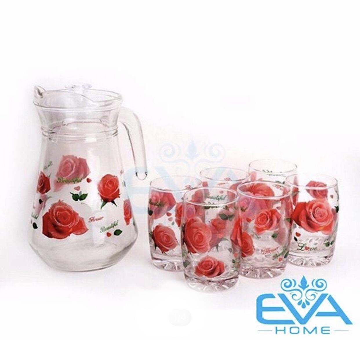 Bộ Bình 6 Ly Thủy Tinh Hoa Văn Cao Cấp - Màu sắc : hoa văn ngẫu nhiên  - Kiểu dáng :  bình dạng bầu dung tích 1,5 lít , 6 Ly uống nước đáy mũi lỡ