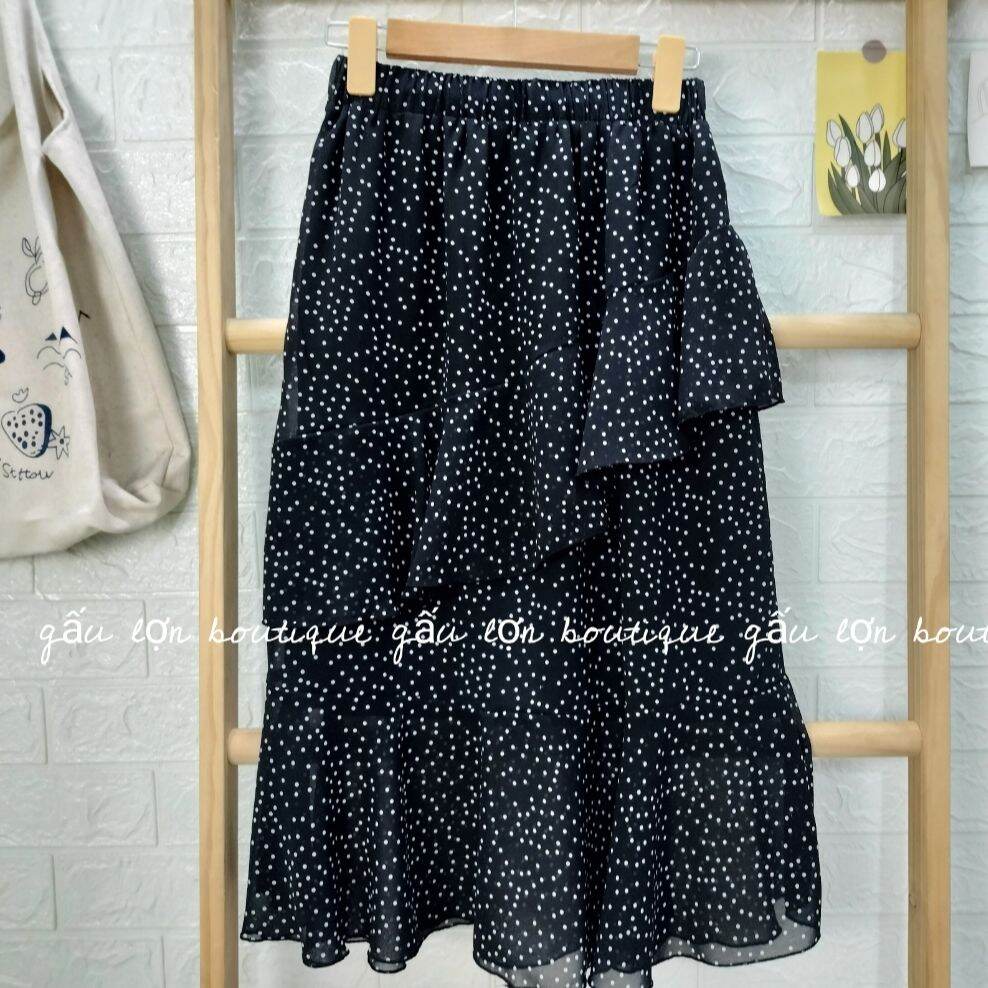 chân váy chấm bi bèo chéo dáng dài