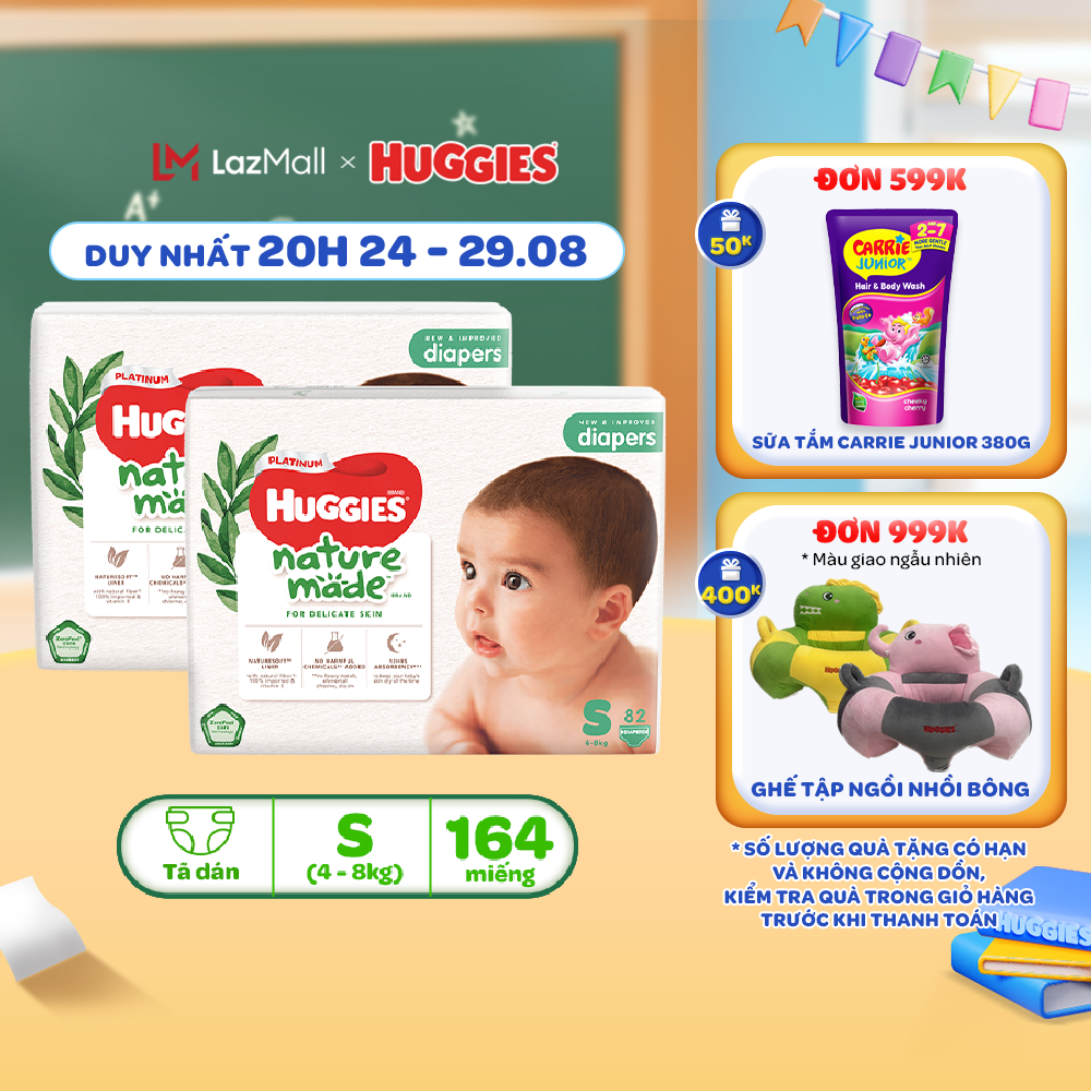 Combo 2 Tã/Bỉm dán sơ sinh Huggies Platinum NatureMade S82 -Gói Super Jumbo 82 miếng