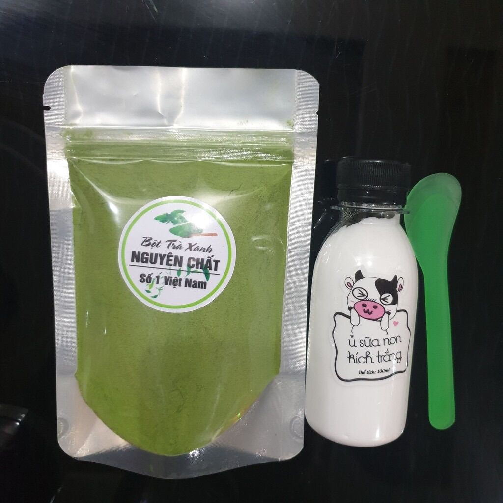 Bột trà xanh 50gr + ủ trắng sữa non 100ml đắp mặt