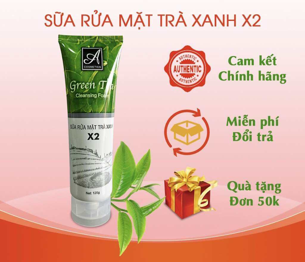 Sữa rửa mặt trà xanh X2 A Cosmetics, kiềm dầu, sạch bã nhờn, ngừa mụn, làm sáng da 120g