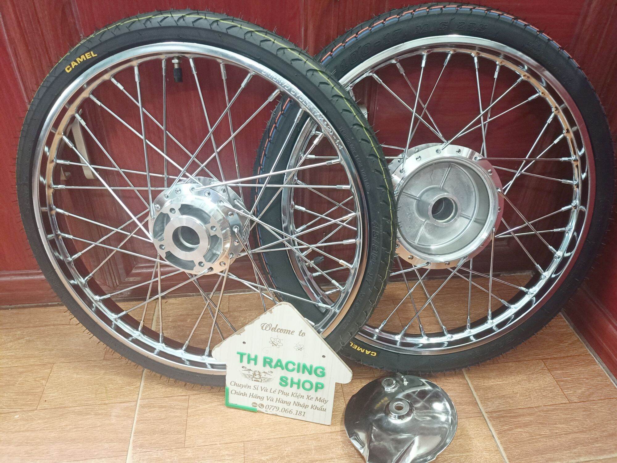 BÁNH CĂM SIRIUS, JUPITER, TAURUS, EXCITER 1 ĐĨA TRƯỚC 2006-2010 KÈM MÁ ĐÙM SAU FULL VỎ RUỘT CAMEL THÁI  NIỀNG UNIONVD ĐÙM MẠ CRÔM ĐÃ RÚT CĂM VÔ VỎ RUỘT SẴN GẮN VỪA NHƯ ZIN KHÔNG CHẾ