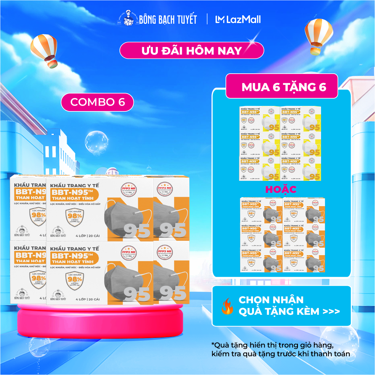 Combo 6 hộp khẩu trang bông bạch tuyết n95 than hoạt tính
