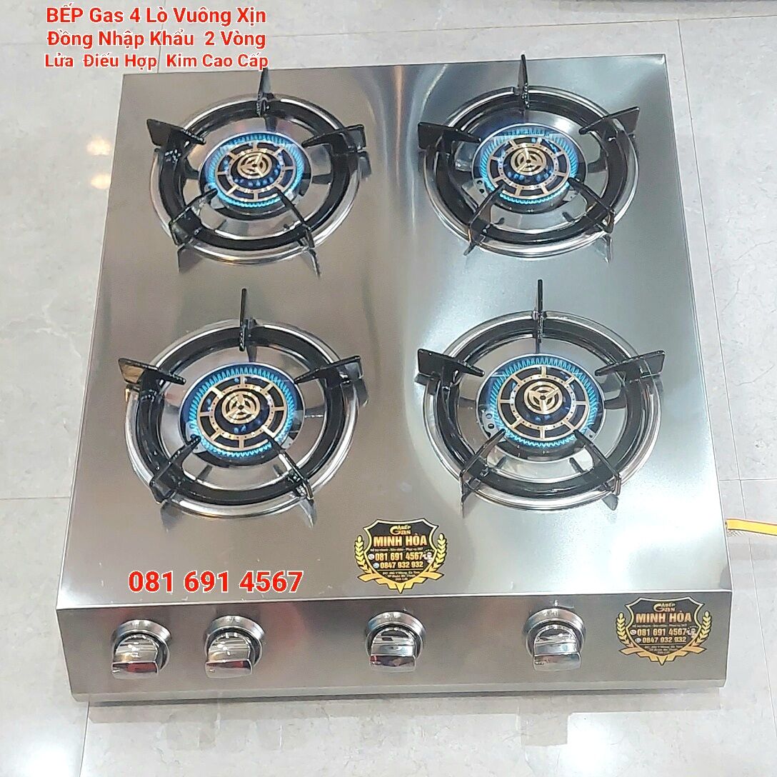 Bếp gas 4 lò cao cấp đồng 2 vòng lửa điếu hợp kim nút inox chất lượng tiết kiệm gas