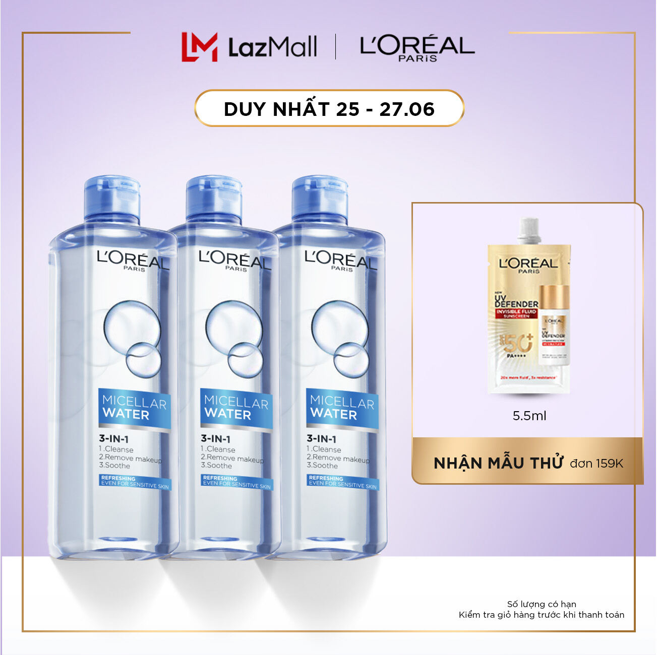 Bộ 3 nước tẩy trang tươi mát Micellar Water L'Oreal Paris 400ml (Xanh nhạt) - Virtual