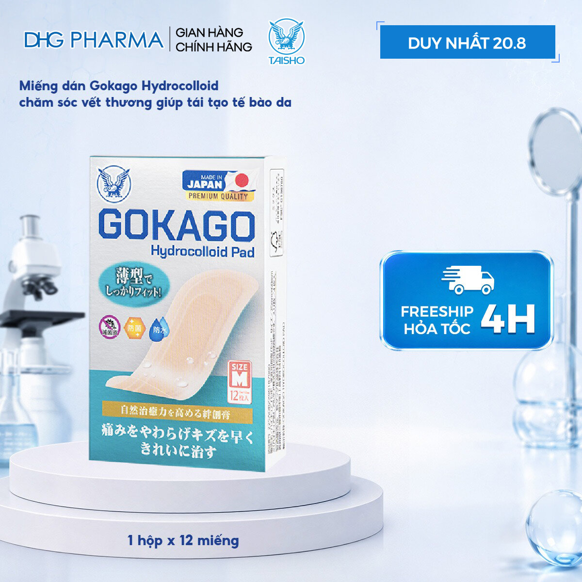 Miếng dán Gokago Hydrocolloid chăm sóc vết thương giúp tái tạo tế bào da, 1 hộp 12 miếng, size M