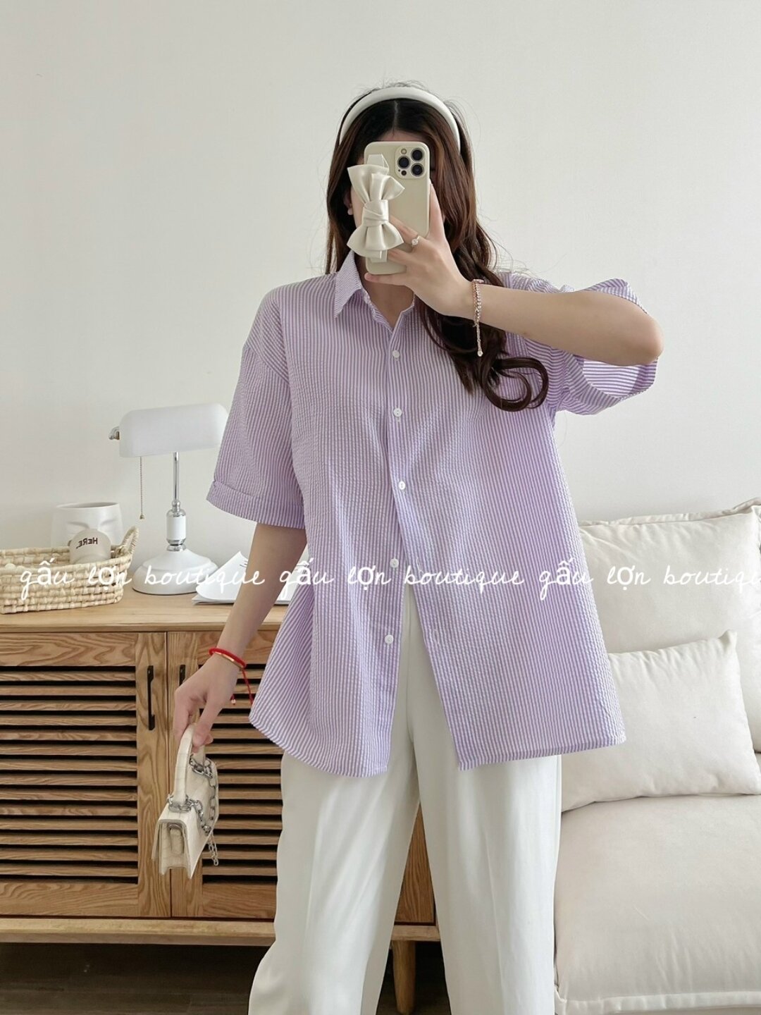 áo sơ mi kẻ sọc dáng rộng chất xốp